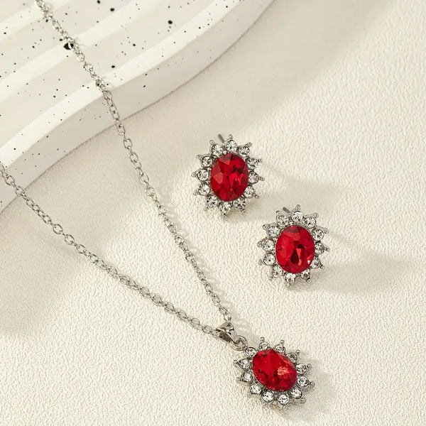 Sudraba rubīna ziedu rotaslietu komplekts