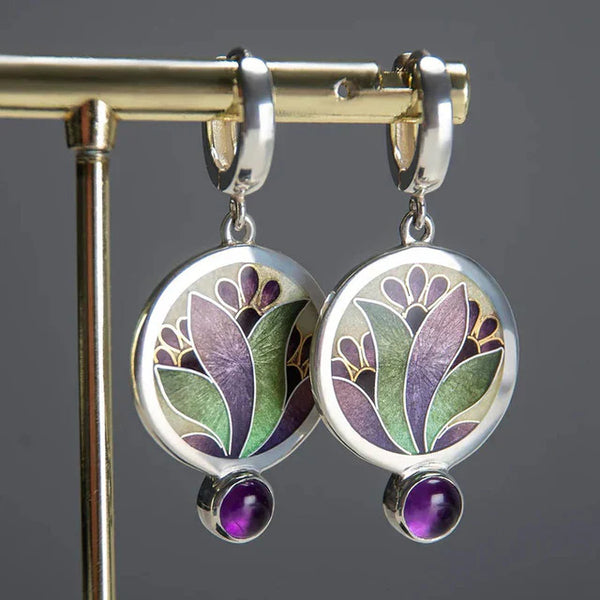 Vintāžas boho auskari ar violetiem kristāliem | Baltais zelts