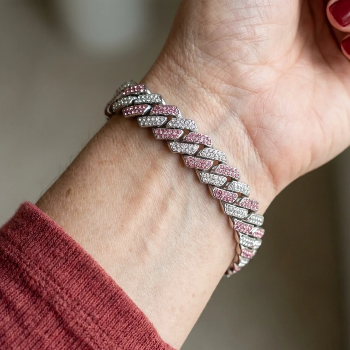 Baltā zelta kubiešu ķēdes aproce „Pink Shimmer“