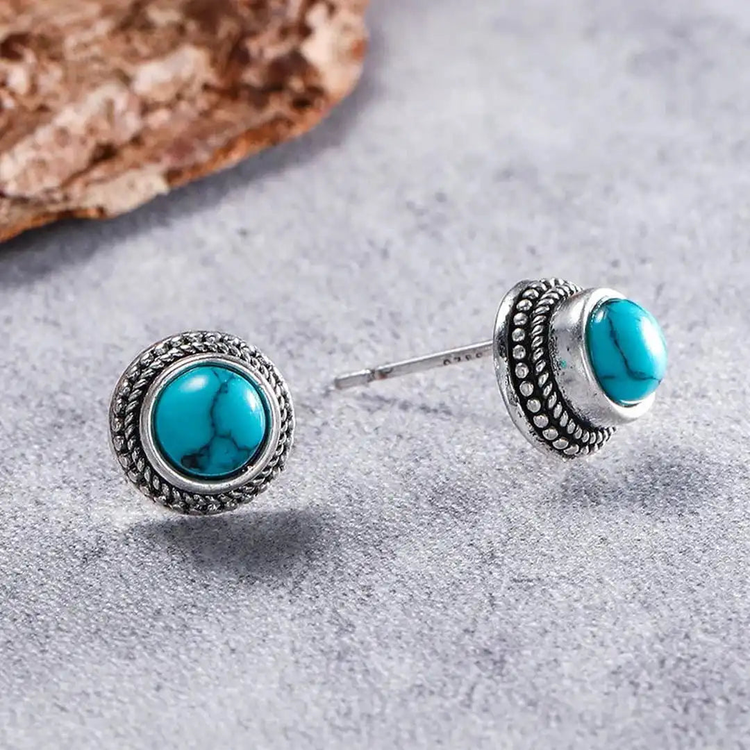 Vintāžas boho stila auskari-nagliņas ar tirkīza imitāciju