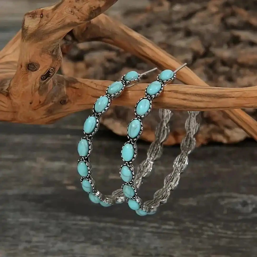 Vintāžas boho stila apļa auskari ar tirkīzu