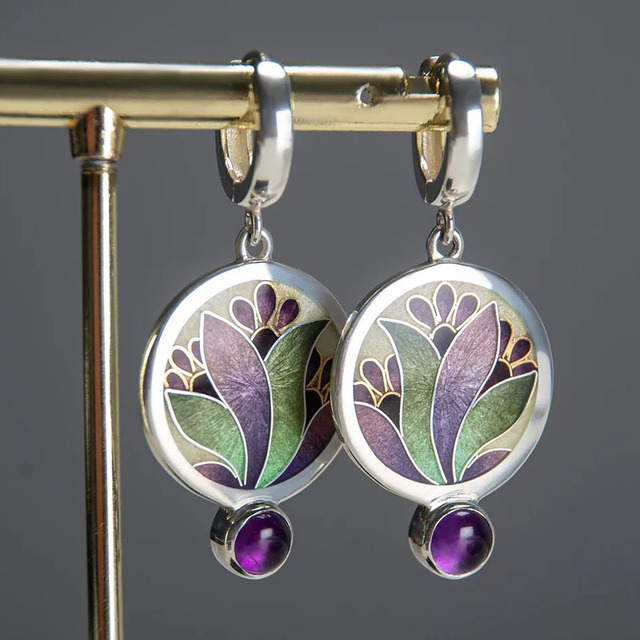 Boho auskari ar violetu kristālu