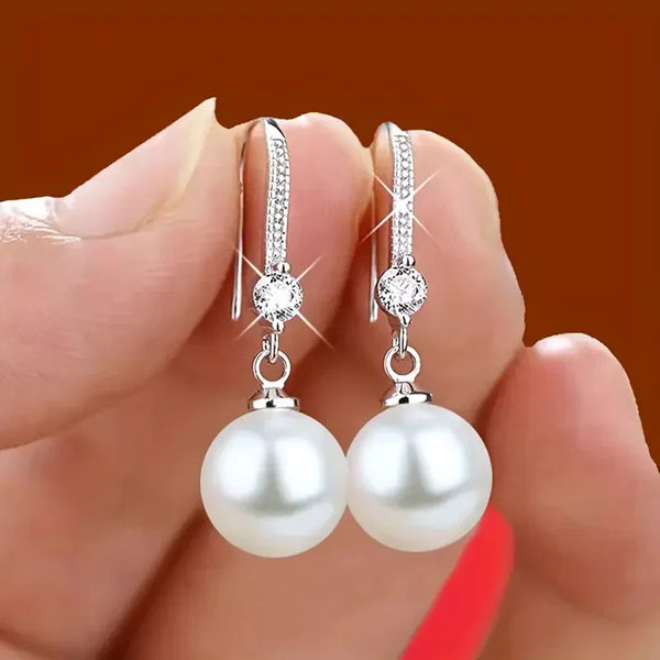 Karājošie auskari ar cirkonu un pērli Lustrous | Baltais zelts