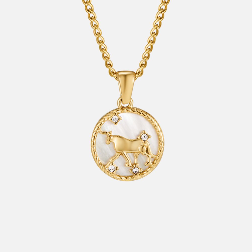 Kaklarota ar baltu gliemežvāku un zodiaka monētu „Regina“