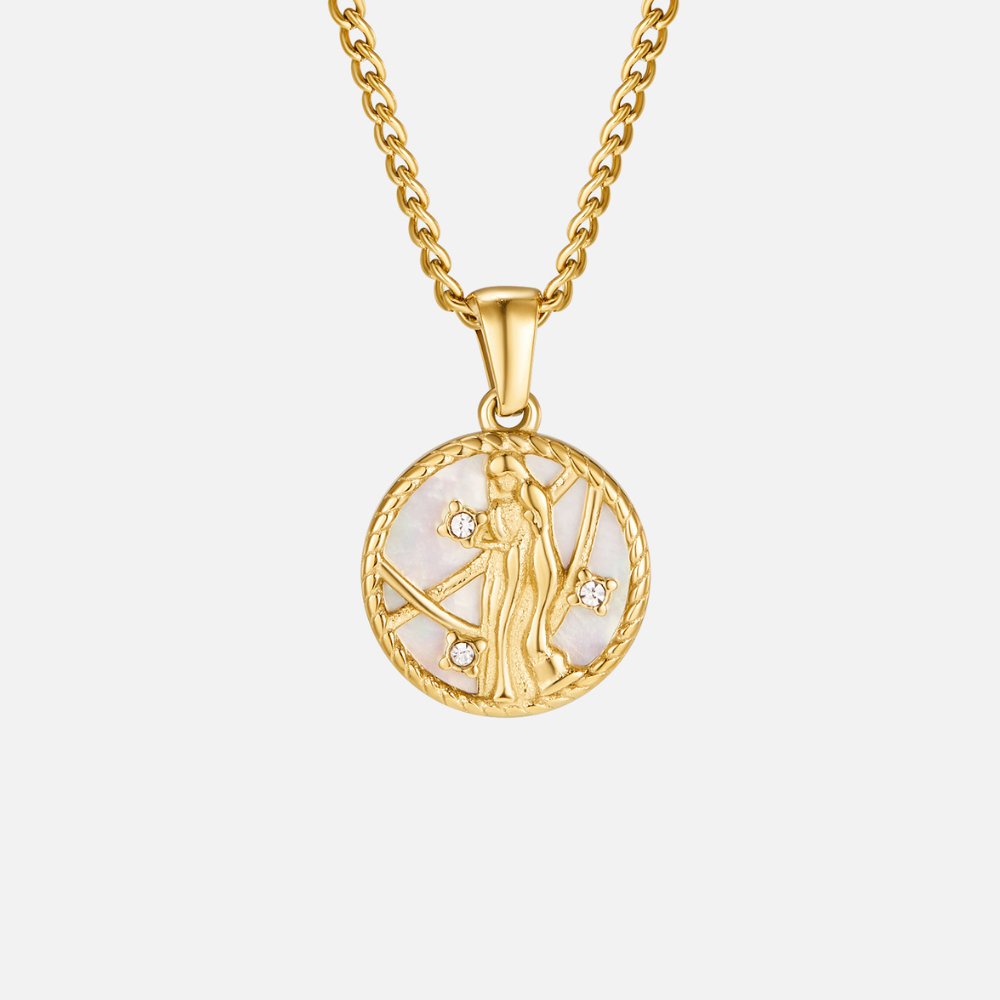 Kaklarota ar baltu gliemežvāku un zodiaka monētu „Regina“